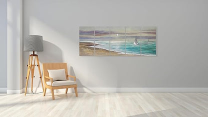 YHSKY ARTS Beach Theme Metal Wall Art - 5 Panels Aluminum Sea Waves Sculpture