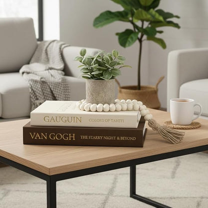 Decorative Books for Home Decor - Stackable Faux Book Box for Coffee Table Styling & Hidden Storage - Neutral Linen Fake Books as Display Riser for Shelf & Entryway (Set of 2, Van Gogh Art)