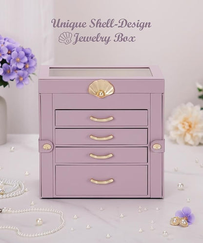Jewelry Box with 4 Drawers: Display Organizer for Earrings Necklaces - Gifts for Girls Women (Grey Purple)
