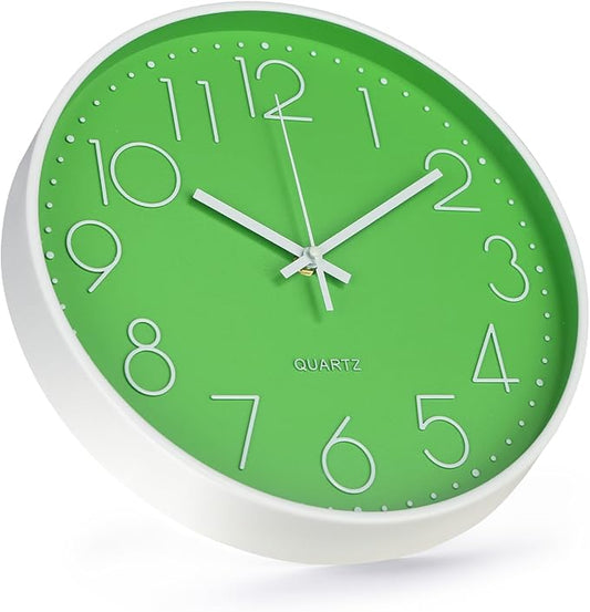 Wall Clock 12 Inch Non-Ticking Silent Modern Simple Style Round Decor Clock Green Stereoscopic Dial Quartz Wall Clocks for Home/Office/School/Living Room/Bedroom/Kitchen