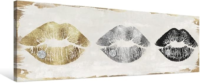 7CANVAS Gold and Silver Lip Canvas Art Retro Poster Sexy Pictures for Bedroom Makeup Room Bathroom Home Decoration 36x12Inch