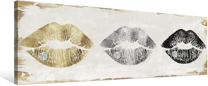 7CANVAS Gold and Silver Lip Canvas Art Retro Poster Sexy Pictures for Bedroom Makeup Room Bathroom Home Decoration 36x12Inch