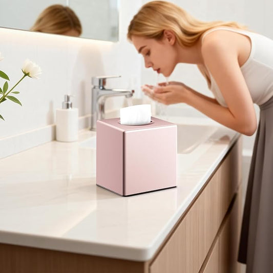 Y-in Hand Tissue Box Cover, Modern Square Facial Storage Tissue Box Holder, Home Accessories for Bathroom Vanity Countertops, Dressers, Night Stand, Parlors and Office - Pink