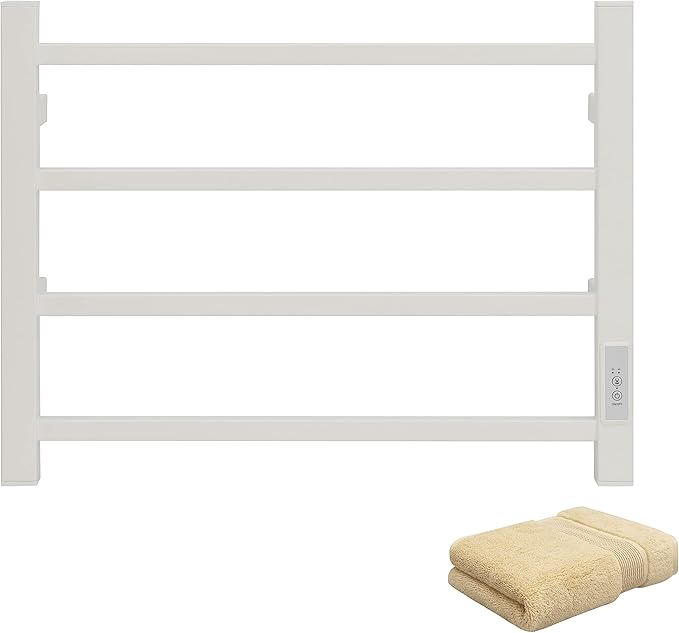 KEG Towel Warmer 4 Bars for Bathroom Wall Mounted Bath Towel Heater Hardwired and Plug-in with Built-in Timer White Square white TW-4s-W Towel warmer 4 bars white