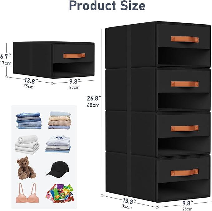 DIMJ Closet Organizers and Storage - Pull-out Fabric Bins with Drawers for Closet Foldable Clothes Organizers with Clear Window, Stackable Storage Drawers for Bedroom,Living Room,Shelf,4-Pack, Black
