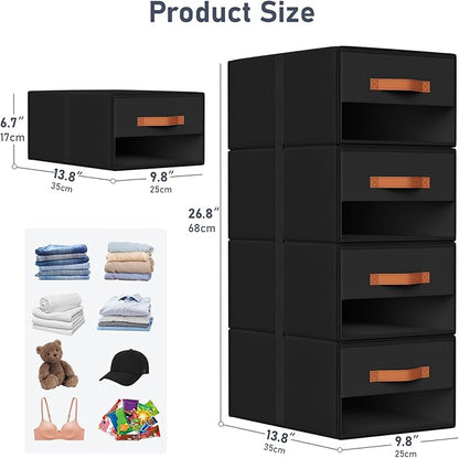 DIMJ Closet Organizers and Storage - Pull-out Fabric Bins with Drawers for Closet Foldable Clothes Organizers with Clear Window, Stackable Storage Drawers for Bedroom,Living Room,Shelf,4-Pack, Black