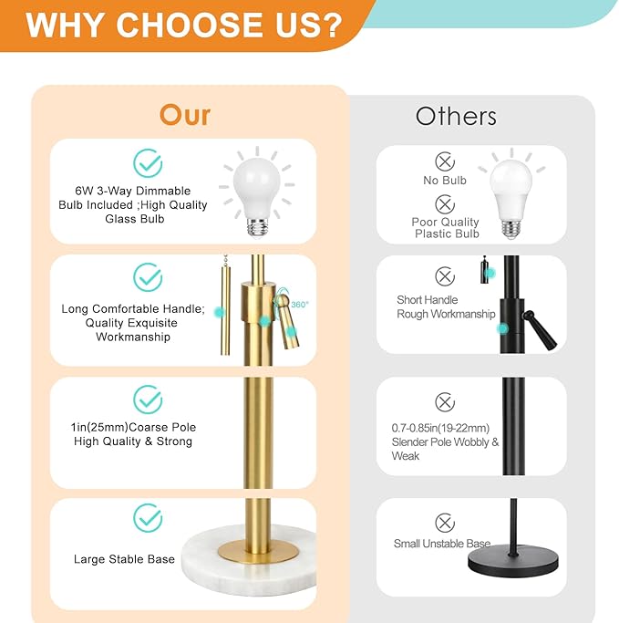 【Upgrade】Gold Floor Lamps for Living Room, 55"-67" Height Adjustable Modern Standing Lamp with Marble Base, Pull Chain Switch, 3-Way Dimmable Tall Pole Lamp for Bedroom Office Reading, Bulb Included