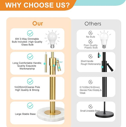 【Upgrade】Gold Floor Lamps for Living Room, 55"-67" Height Adjustable Modern Standing Lamp with Marble Base, Pull Chain Switch, 3-Way Dimmable Tall Pole Lamp for Bedroom Office Reading, Bulb Included