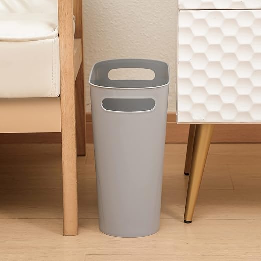 rejomiik Small Trash Can, 3.5 Gallon Slim Garbage Can Plastic Waste Basket with Handles Container Bin for Narrow Spaces Bathroom, Bedroom, Kitchen, Office at Home, Grey