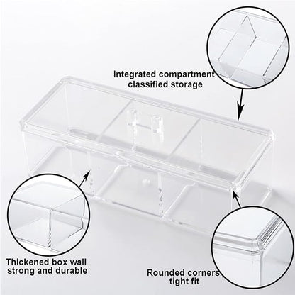 Square Qtip Holder Dispenser, 3 Compartments Cotton Ball Holder, Bathroom Canisters for Cotton Swab, Ball, Cottons Pad Organizer, Clear Acrylic Containers with Lid for Bathroom Vanity Countertop