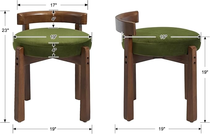 HNY Vintage Green Velvet Makeup Stool Set of 2 Compact Round Ottoman Chairs with Wooden Legs, Perfect for Small Spaces Like Entryway, Cloakroom & Boudoir