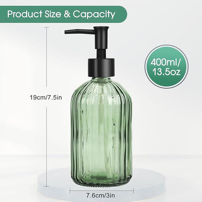 Topsky Glass Soap Dispenser with Black Plastic Pump, 400ml Liquid Hand Soap Dispenser, Rustproof Pump for Kitchen & Bathroom, Great for Lotions, Essential Oil, Liquid Soaps (Army Green)
