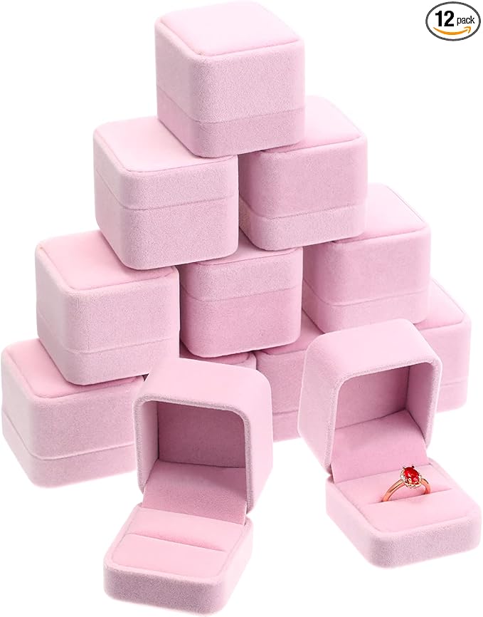 Zhanmai 12 Pcs Christmas Velvet Ring Box Jewelry Box Earring Jewelry Case Gift Boxes for Xmas Women Wedding Engagement Birthday Anniversary Valentines Day 2.12 x 1.77 x 2 Inch(Pink)
