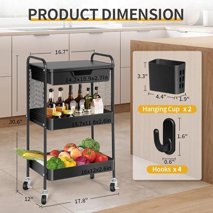 CRUDATE 3-Tier Rolling Cart with Drawer, Metal Utility Storage Cart Organizer with Lockable Wheels&Hanging Cups&Hooks, Mobile Storage Craft Carts Trolley with Mesh Shelves for Kitchen, Office-Black