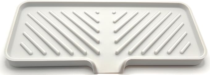 Happitasa Silicone Soap Dish Tray and Sponge Holder with Drain Chute and Feet | 3-Way Sloped Design | Bathroom and Kitchen Sink Organizer Caddy (Light Grey, 10"x4")
