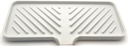 Happitasa Silicone Soap Dish Tray and Sponge Holder with Drain Chute and Feet | 3-Way Sloped Design | Bathroom and Kitchen Sink Organizer Caddy (Light Grey, 10"x4")