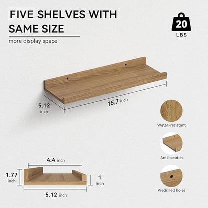 RICHER HOUSE 5 Set Floating Shelves for Wall Decor, Wall Mounted Book Shelf, Nursery Shelves Picture Ledge Shelf with Lip for Storage, Bedroom, Living Room, Bathroom - Oak