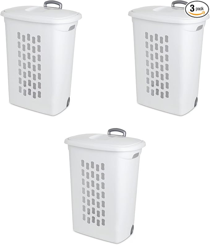 Sterilite 3-Pack Ultra Wheeled Hamper, Laundry Basket w/ Flip-Top Lid & Retractable Handle - Plastic Rolling Clothes Storage Cart with Ventilated Holes for Home, Apartment or Dorm