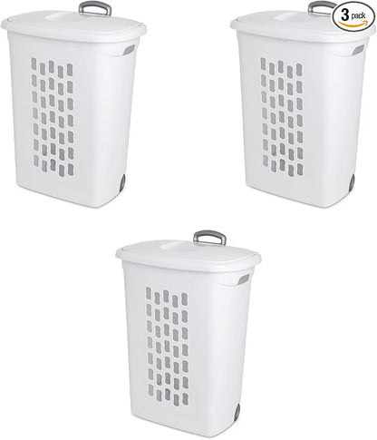 Sterilite 3-Pack Ultra Wheeled Hamper, Laundry Basket w/ Flip-Top Lid & Retractable Handle - Plastic Rolling Clothes Storage Cart with Ventilated Holes for Home, Apartment or Dorm