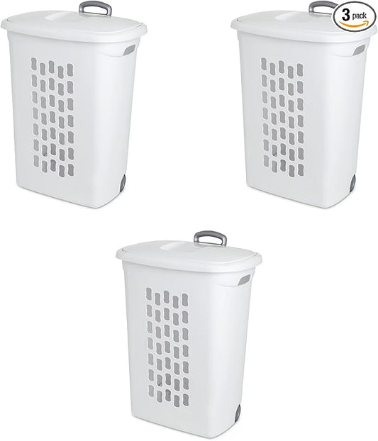 Sterilite 3-Pack Ultra Wheeled Hamper, Laundry Basket w/ Flip-Top Lid & Retractable Handle - Plastic Rolling Clothes Storage Cart with Ventilated Holes for Home, Apartment or Dorm