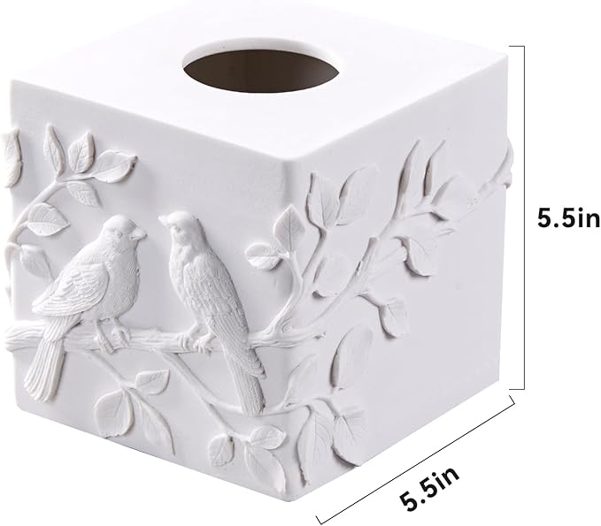 White Marble Relief Birds Square Tissue Box Cover Decorative,Resin Heavy Sturdy Tissue Box Holder, Facial Paper Holder for Bathroom Vanity Countertop, Bedroom Night Stand,Office and End Table