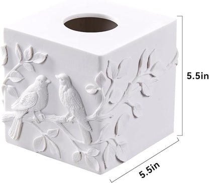 White Marble Relief Birds Square Tissue Box Cover Decorative,Resin Heavy Sturdy Tissue Box Holder, Facial Paper Holder for Bathroom Vanity Countertop, Bedroom Night Stand,Office and End Table