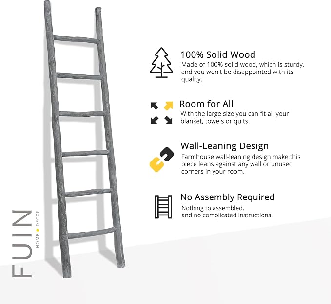 FUIN Fully Assembled 6ft Wood Blanket Ladder Living Room Decorative Wall Leaning Farmhouse Quilt Display Holder Rustic Wooden Towel Rack for Bathroom, Light Gray & Whitewashed