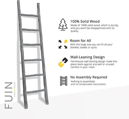 FUIN Fully Assembled 6ft Wood Blanket Ladder Living Room Decorative Wall Leaning Farmhouse Quilt Display Holder Rustic Wooden Towel Rack for Bathroom, Light Gray & Whitewashed