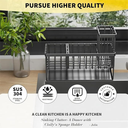 Cisily Sink Caddy Organzier with High Brush Holder, Sponge Holder for Sink, 304 Rustproof Stainless, Kitchen Countertop Soap Dispenser Organizer, Dark Gray Kitchen Decor and Accessories