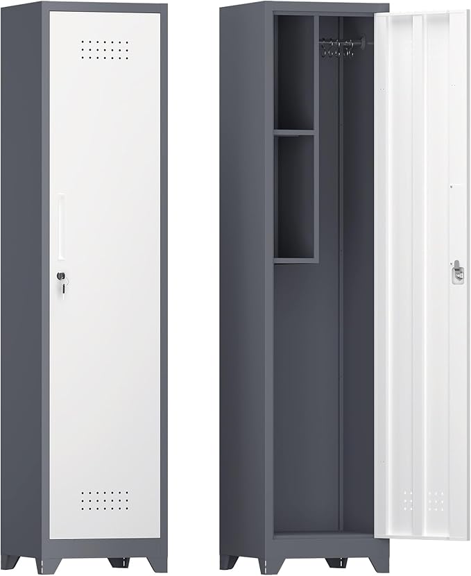 Narrow Storage Cabinet,Metal Slim Cabinet with Shelves,Utility Storage Cabinet with Hanging Rod,Tall Bathroom Storage Cabinets with Locking Door for Office, Gym, Garage,Grey