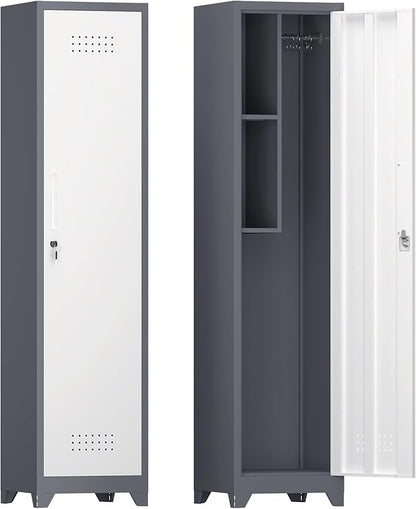 Narrow Storage Cabinet,Metal Slim Cabinet with Shelves,Utility Storage Cabinet with Hanging Rod,Tall Bathroom Storage Cabinets with Locking Door for Office, Gym, Garage,Grey