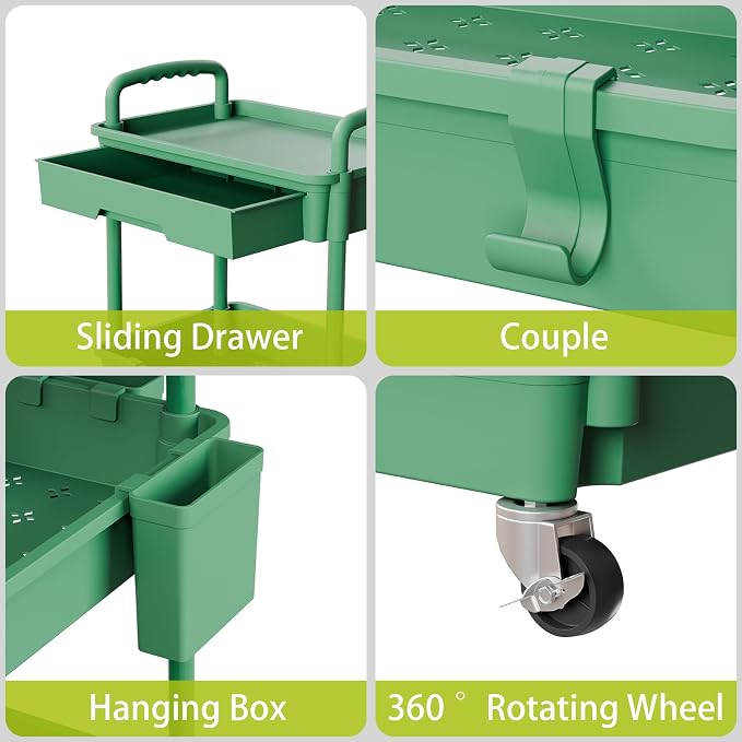 Sorgion 3 Tier Rolling Cart Organizer,Laundry Room Bathroom Organizers and Storage Office Shelves Mobile Shelving Unit Kitchen Trolley Cart with Wheels for Art,Craft,Diaper,Bedside,Snack(Green)