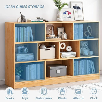 IOTXY Open Shelf Low Bookcase - Wooden 3-Tier Floor Standing Display Cabinet Organizer with Base, 7 Cubes Short Horizontal Bookshelf in Bright Blue