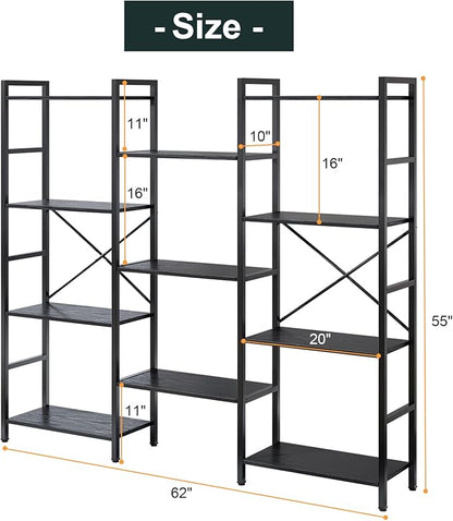GRUSIGN Triple 4 Tier Book Shelf, Modern Bookcase Shelf, Freestanding Large Display Shelves for Living Room/Office/Garage, Stable Large Bookshelf with Storage for Books/Lego/Plants, Black