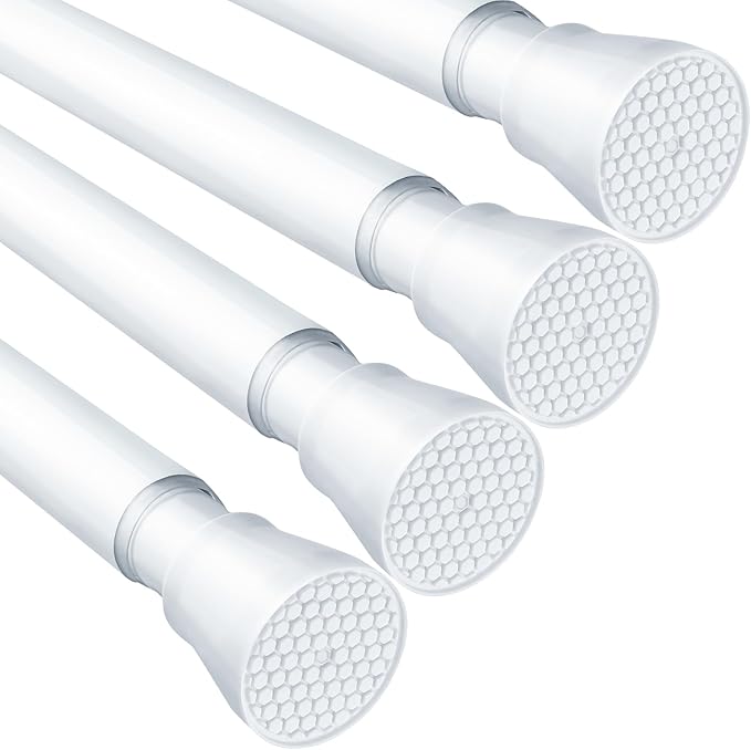 MEXAU 4 Pack White Tension Rod 16 To 26 Inch Adjustable Spring Tension Curtain Rods No Drilling Short Curtain Rod Extendable Small Spring Tension Rod for Closet Cupboard Bars Refrigerator