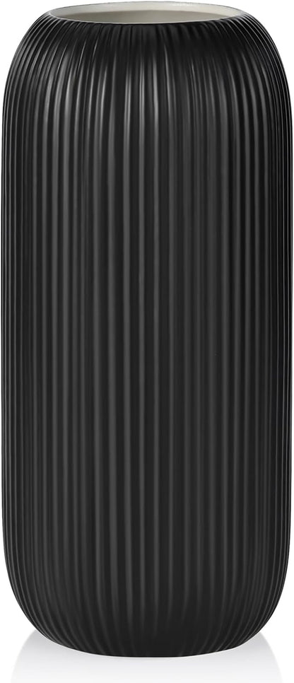 Ceramic Vase for Flowers – Modern Small Ribbed Textured Flower Vase for Home Decor, Pampas Grass, Decorative, Farmhouse, Coffee Table, Kitchen Centerpieces, Bookshelf and Home Living(Matte Black)