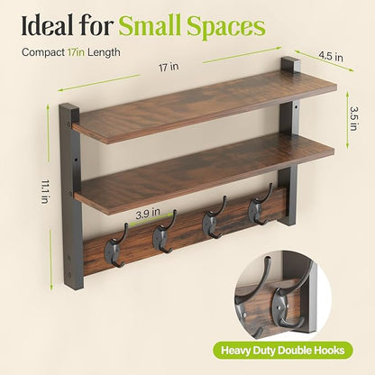 Two-Tier Wall Shelf with Hooks, 17" Coat Rack Wall Mount with Shelf, Key Hooks for Wall with Heavy Duty Double Hooks, Coat Hook Wall Mounted for Bedroom, Living Room, Rustic Brown