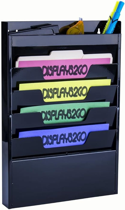 Displays2go Office Wall Rack for File Folder or Magazine, 4 Tier, Top Organizer (Black Powder Coated Steel)