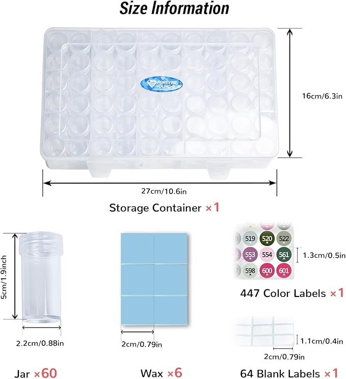 forever young Diamond Painting Storage Containers, 1 Pack 60 Grids Bead Organizer and Diamond Painting Labels, Bead Organizers and Storage for Diamond Art Accessories, Diamond Bead Storage