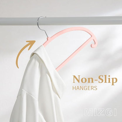 MIZGI 50 Pack Blush Pink Velvet Hangers - No Shoulder Bumps, Heavy Duty Non-Slip Chrome Hooks for Jackets, Coats, Pants