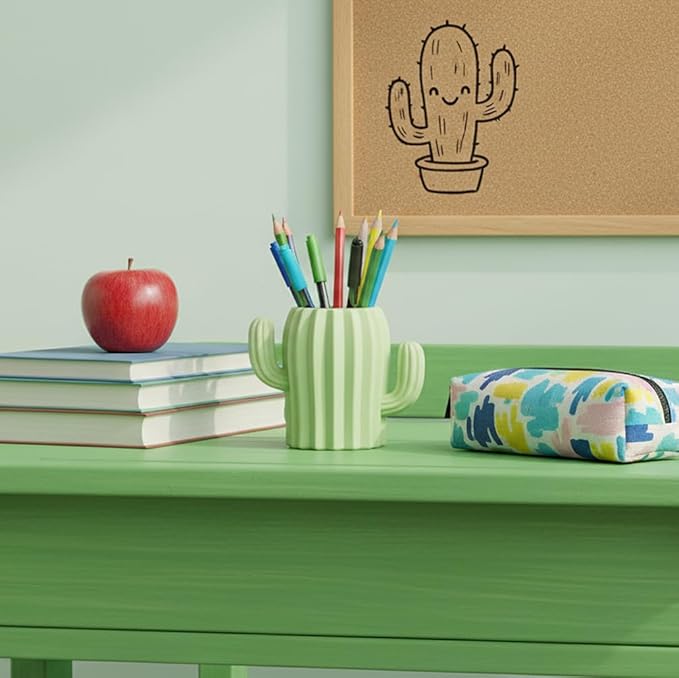 Silicone Pen Holder Cactus Cute Pencil Holder Cup Pot for Desk for Kids Office Decor Desk Organizer Makeup brush Holder Toothbrush Holder (Green)