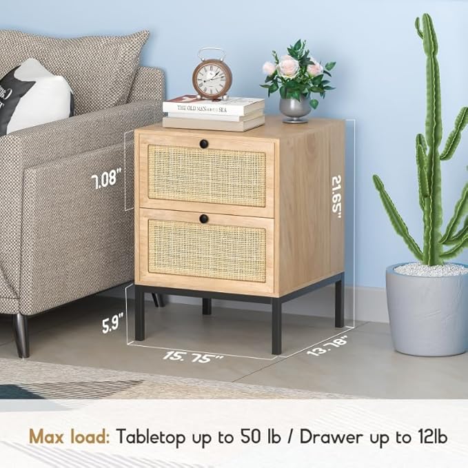 XIAO WEI Natural Rattan Nightstand Set of 2, Boho Night Stand with Drawers, Bedside Table Accent Cane End Table Side Table for Bedroom Living Room, Metal Legs/Small/Natural