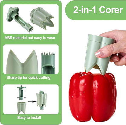 2PCS Pepper Corer,Chili Seed Remover Tool,Durable ABS Kitchen Gadget for Bell & Chili Peppers, 2-in-1 Design, Easy Twist Use, Ideal for Home Cooking, Camping(Green)