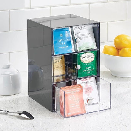 mDesign Plastic Wide Kitchen Pantry, Cabinet, Countertop Organizer Storage Station, 3 Drawers for Coffee, Tea, Sugar Packets, Sweeteners, Creamers, Drink Pods, Packets; 18 Sections, Dark Gray/Clear