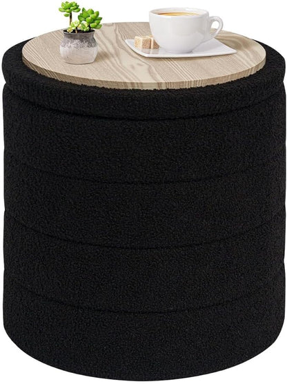 PINPLUS Round Storage Ottoman Foot Rest Stool with Tray Velvet Sherpa Folding Storage Ottoman,Boucle Foot Rest for Living Room, Bedroom, Dorm,Black Color