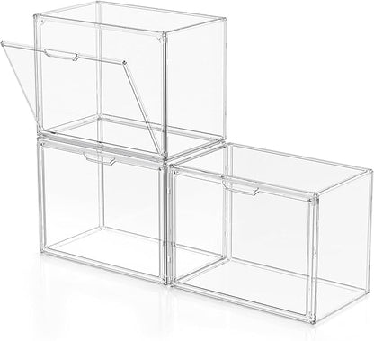 Clear Plastic Storage Bins - Acrylic Display Case with Magnetic Door, Purse Organizer for Closet: Stackable Display Box for Collectibles, Book, Cosmetic, Figures Showcase(3 Pack)
