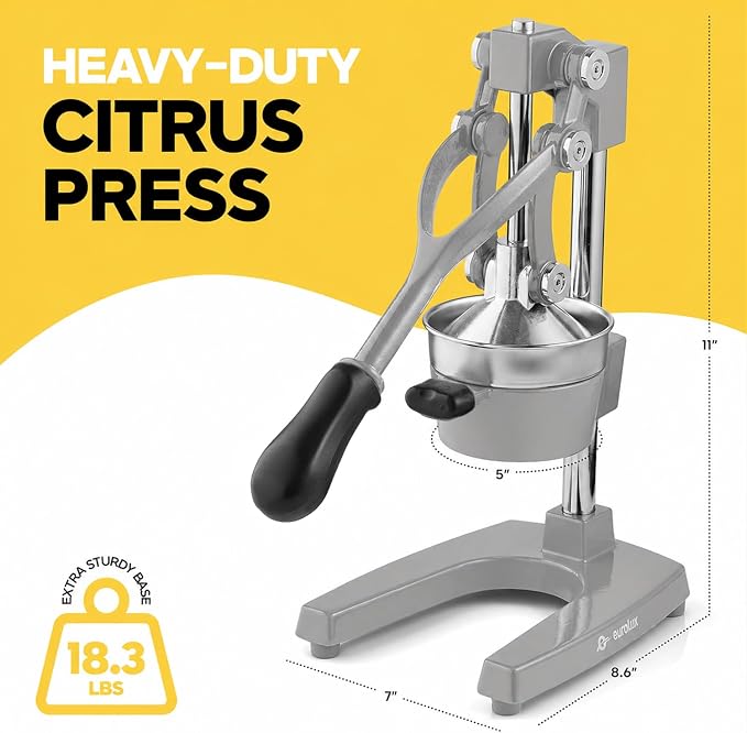 Eurolux Ultra-Premium Cast Iron Juicer | Extra-Large, Heavy Duty, Commercial Grade, Stainless Steel Manual Hand Press Citrus Squeezer For Fresh Orange Juice, Pomegranate, Lemon, and Much More (Gray)
