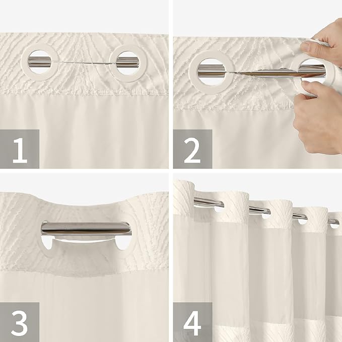 Cream No Hook Tufted Shower Curtain with snap-in Liner for Bathroom, Boho Farmhouse Style with See Through Top Window, no Hook Shower Curtain and Liner Set, Beige/Cream, 71Wx74H
