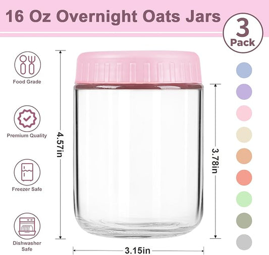 Overnight Oats Containers with Lids, 16oz Wide Mouth Mason Jars with Lids, 3 Pack Glass Jars with Airtight lid for Chia Pudding Yogurt Salad, Meal Prer Oatmeal Jars, Pink