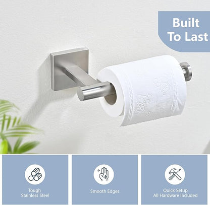Toilet Paper Roll Holder Stand with 2 Robe Towel Hooks,Wall Mounted Brushed Nickel 3 Piece Bathroom Hardware Set, SUS 304 Stainless Steel, Drilling Hole Bath Accessories (Silvery)